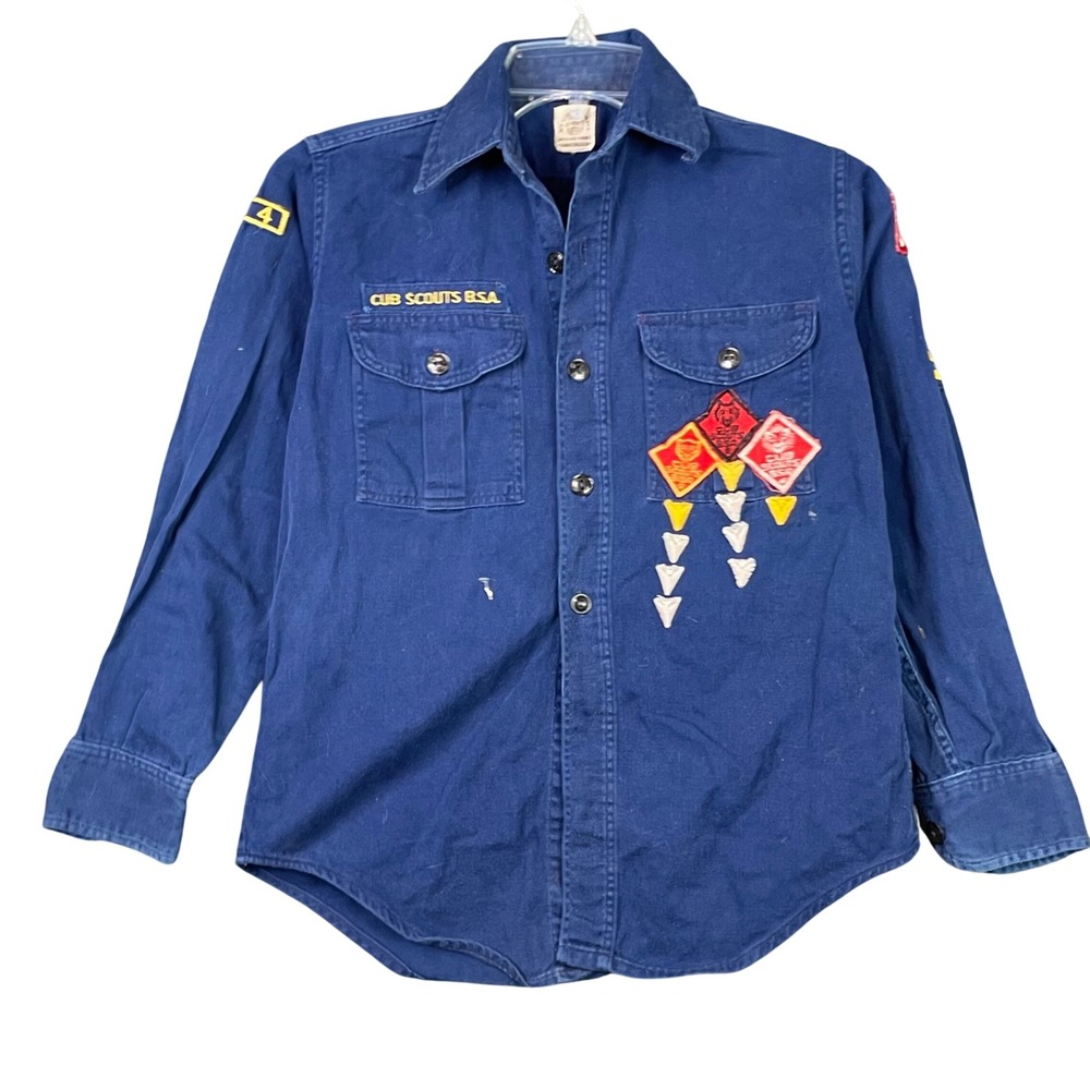 Boy Scouts of America Uniform Shirt Kids Blue Cub Scout Patches Vintage Outdoors
